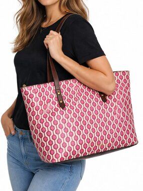 FOSSIL Sydney Signature Tote Shoulder Bag Purse Faux Leather Geometric Zip Large